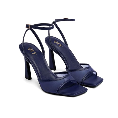 Image of QIY Strappy Heels for Women Heeled Sandals Square Toe Heel Ankle Strap Stiletto Mesh High Heels Dress Shoes