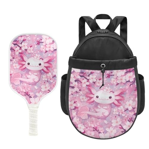 TSOVTHRID Cherry Blossom Axolotl Pickleball Paddles Set of 2 Pickleball Backpack Fiberglass Surface Pickleball Racket with Cushion Comfort Grip Pickleball Rackets for Adults and Teenager