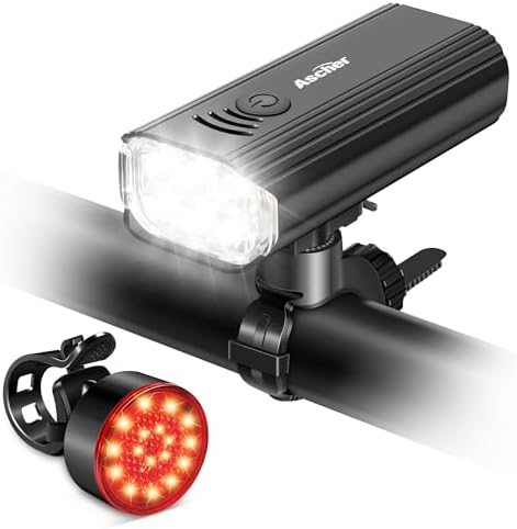 Ascher USB Rechargeable Bike Light Front and Back, Super Bright 1000 Lumens Bicycle Headlight and Compact Rear Tail Light, 4 Light Modes, Large Capacity Battery for Night Riding Road Mountain, Black