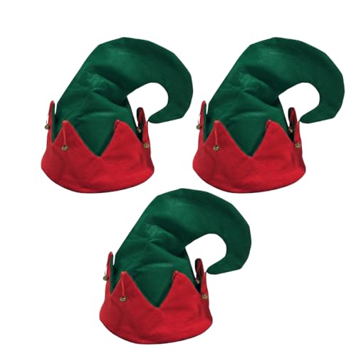 PMU Christmas Elf Hat with Jingle Bells Green and Red Felt Hats, Christmas Hats for Adults, Women, Men, Kids, Funny Headwear and Caps Costume, Party Accessories for Plays, Photo Shoots (3/Pkg) Pkg/1