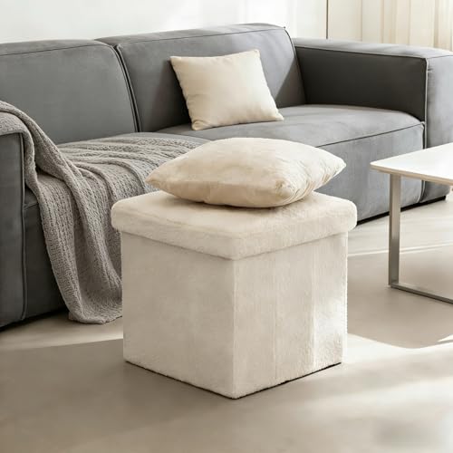 SEECCUB Storage Ottoman Cube Square Shaped Ottomans with Storage Foot Stool Footrest for Lving Room Boucle Ottoman Seat for Dorm Room Faux Teddy Fur White 15x15x15