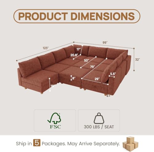 Image of 128 inch Chenille Modular Sofa Bed with Washable Covers & Storage, 10-Seater Modular Sectional Sleeper Sofa Bed with Movable Ottoman Chaise, Convertible Sleeper Sectional Couches for Living Room, Orange