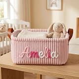 Cestino Portaoggetti Personalizzata In Velluto A Coste Per Neonati, Cesto Regalo Personalizzato Per Neonati Con Nome, Nome Ricamato Porta Pannolini, Regalo Per Baby Shower(Pink)