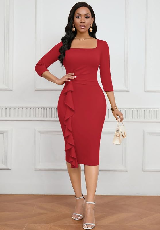 Image of MarryUP Womens Work Dresses Elegant Square Neck 3 /4 Sleeve High Waist Bodycon Ruffle Vintage Church Pencil Midi Dress