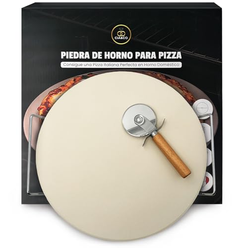 Piedra para Pizza 33 cm Cordierita para Horno y Barbacoa – Convierte tu Horno Doméstico en Horno de Piedra Italiano – Base para Pizza Crujiente, Soporta hasta 700°C, Incluye Soporte Metálico y Cortado