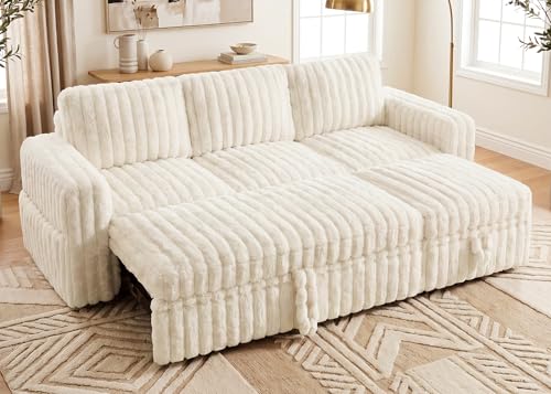 Image of HONBAY Plush Corduroy Modular Sectional Sofa with Pull Out Bed L Shaped Sleeper Sofa with Storage Sectional Couches for Living Room,Plush Beige