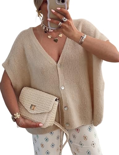 Image of Gihuo Women's Short Sleeve Sweater Cardigan Y2K Button Down Ribbed Knit Sweaters V Neck Oversized Going Out Tops(Khaki-M)