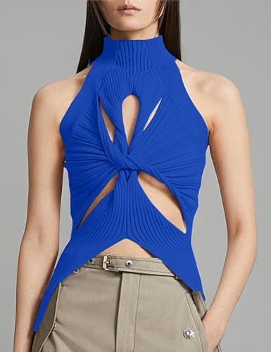 Image of SAFRISIOR Women Sexy Hollow Out Twist Front Knitted Tank Tops Sleeveless High Neck Cut Out Sweater Vest