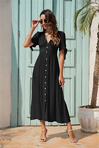 Elegante vestido maxi de botão frontal feminino manga curta bainha dividida Flowy A-Line boho matern