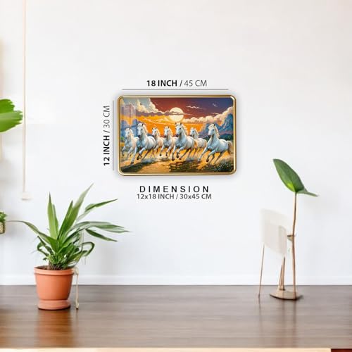 Image of 7 Running Horses Photo Frame, Ultra High Gloss Lamination, Vastu Painting for Living Room, Office, 12x18 Inch (Design 17)