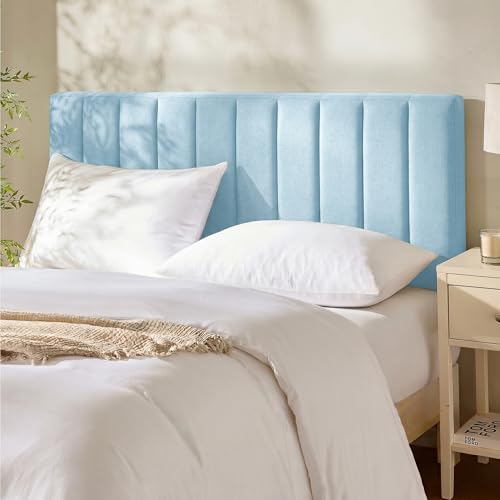 Image of Hearth & Harbor Wall Mounted King Headboard Only, Bed Headboard King Size | Easy Assemble, Floating Peel and Stick, Upholstered, Channel Stitched, 3D Wall Panels, 5 Strips of 3M Tape Included, Ice Blue