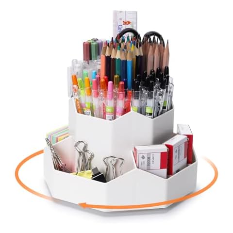 FRETONBA Pencil Pen Holder for Desk, 9 Slots 360 Degree Rotating Desk Organizer, Desktop Storage Pen Organizers Stationery Supplies, Cute Pencil Cup Pot for School, Office, Home, White Cover