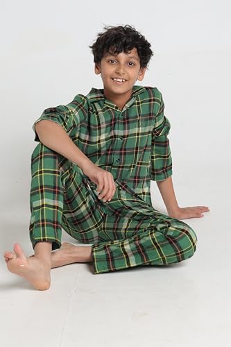 Image of Under Fourteen Boys Cotton Night Suit Set | Soft Breathable 2Pcs Sleepwear /Nightwear /Sleepsuit /Loungewear Co-Ord | Checks Top & Pyjama | Elastic Waist & Pockets | Multicolor Pajama Party & Gifting Set