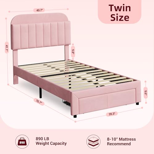 GarveeHome Twin Bed Frame with Drawer, Girls Bed, Velvet Upholstered Platform BedFrame with Storage Headboard for Kids, No Box Spring Needed, Easy Assembly, Noise-Free, Light Pink