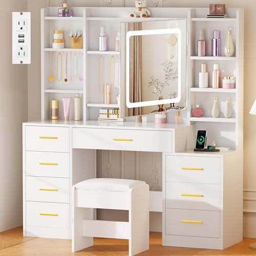 BEWISHOME Large Vanity Desk with Mirror and Lights,White Makeup Vanity Table with Power...