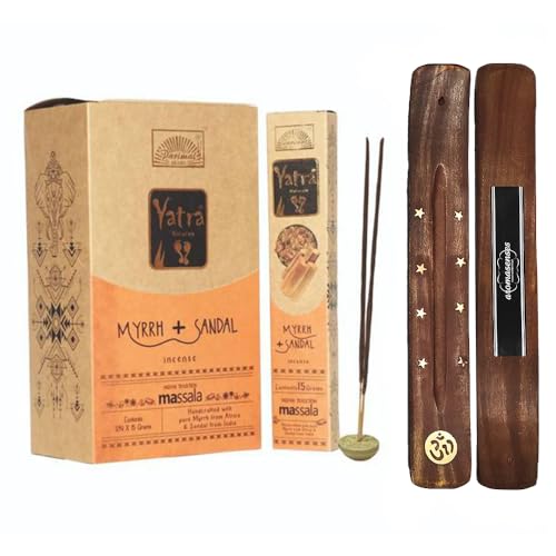 Aromasenses.- Incienso Yatra Parimal Mirra + Sandalo - Caja Completa con 12 cajetillas de 15 Gramos + 1 Tablilla Aromasenses - Incienso Masala Hecho a Mano - Yoga - Meditación (Mirra + Sandalo)