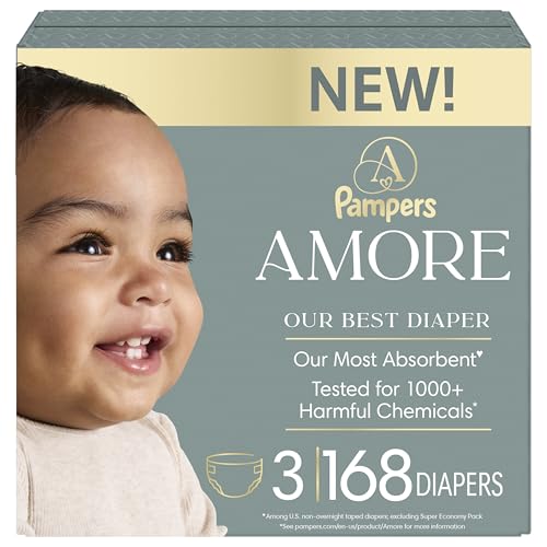 Image of Pampers Amore, Size 3 (13-26 lbs), 168 Count, Our Best Diaper – Hypoallergenic & Fragrance Free, Up to 100% Leakproof, Soft as Cashmere