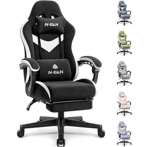 N-GEN GAMING Video Gaming Chair Office Computer Desk Use Ergonomic Reclining Backrest Adjustable Armrests Lumbar Support Footrest High Density Foam Breathable Fabric Heavy Duty Base (Black)