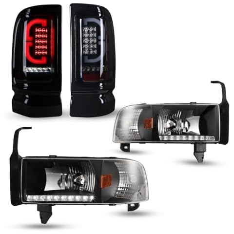 Nixon Offroad Headlights and Tail Lights Assembly for 1994-2001 Dodge Ram 1500/1994-2002 Dodge Ram 2500 3500/1995-2002 Dodge Ram 4000, Headlights w/LED DRL, Full LED Tail Lights (Smoke Lens) Cover