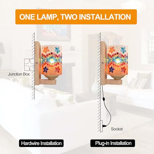 Image of Bedside Colored Mosaic Glass Wall Sconce, Handmade Mediterranean Bohemian Turkish Moroccan Wall Lamp Stained Glass Wall Light Fixtures for Bedroom Living Room Hallway Vanity Corridor Bulb Included