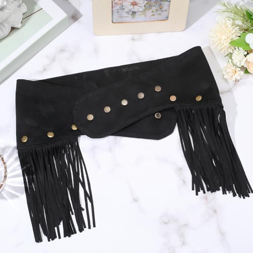 Black Faux Suede Waist Belt with Tassels Fringes Rivets Bohemian Style Vintage Fashion Wide Obi Corset Waistbands Waist Belts for Women Party Dance Dress Jeans Outfits Costume Accessories3