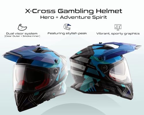 Image of Axor X-Cross Gambling ISI ECE and DOT Certified Premium Off-Road Full Face Helmet with Pinlock Fitted Dual Visors and Stylish Peak-Black Blue-L