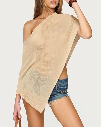 Womens Summer One Shoulder Knit Sheer Poncho Trendy Lightweight Asymmetric Shrug Pullover Sweaters2