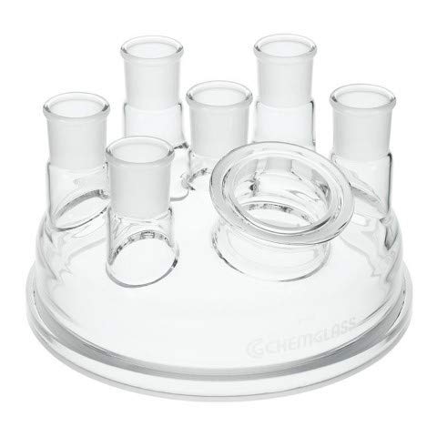 300mm Reaction Kettle Lid, 45/; Reaction Vessel Lid, 7-Neck, 300mm, Lid has a CN 45/50, 5-SN 45/50, and 1-SN 80mm Schott o-Ring Flange Angled for Powder Addition.