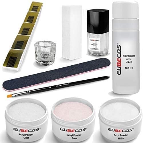 Eubecos Acrylic Nail and Starter Set plus Liquid 100 ML Acrylic Powder White Clear Pink 90g+ Instruction Manual Ideal 10-TEILIGES Starter Set! Made in Germnay