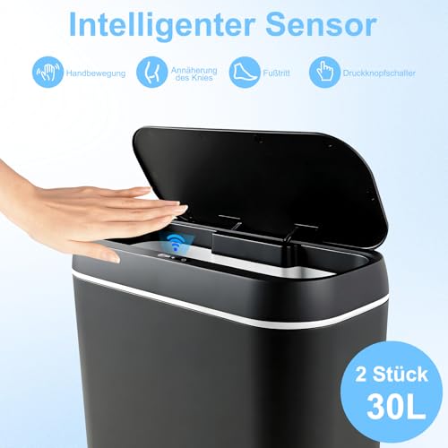 HELILBSRIAIN Elektrischer Mülleimer 2er-Set,15L Mülleimer mit Sensor mülleimer, schlankes schmales Design, leise und wasserdicht, ideal für kleine Räume wie Schlafzimmer,