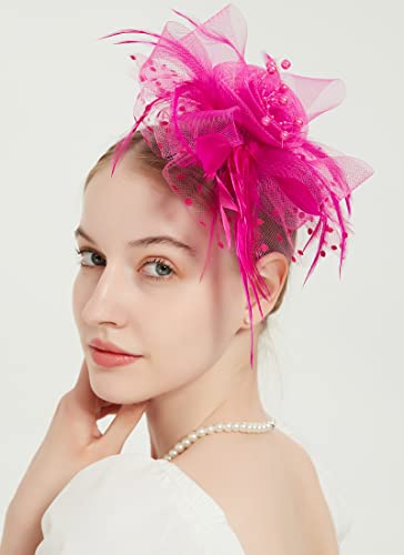 Fascinators For Women Tea Party Headband Kentucky Derby Hats Cocktail Flower Mesh Feathers Headwear Hair Clip For Wedding Rose Red #TOP4