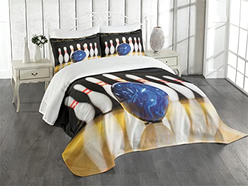 Ambesonne Bowling Party Bedspread, Blue Abstract Ball on The Lane Pins Close up View Sports Leisure Time Game, Decorative Quilted 3 Piece Coverlet Set with 2 Pillow Shams, King Size, Blue