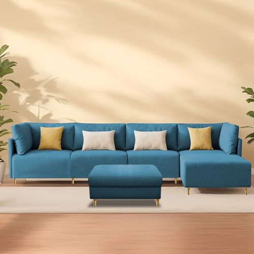 Image of Carina RHS 6 Seater L Shape Sofa Set with Center Table for Living Room (Turquise Fabric) Premium Fabric Sofa