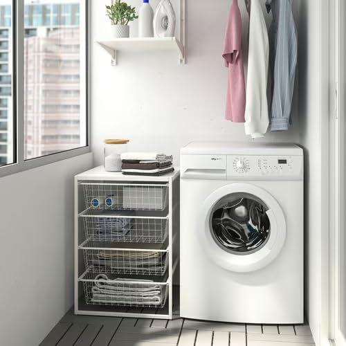 4-Tier Wire Basket Storage Unit – White Metal Organizer with Mesh Drawers for Laundry Room – Ideal for Clothes, Towels, and Supplies – 20.1 x 19.6 x 27.5 Inches