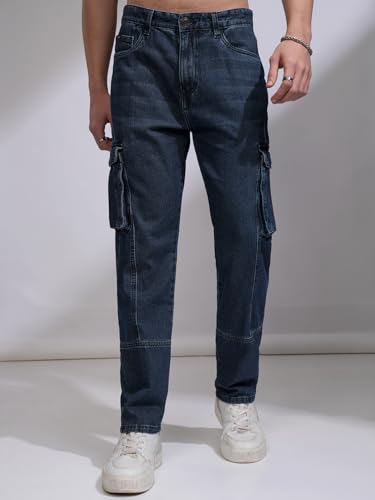 Image of Highlander Men Men's Relaxed-Fit Cargo Pocket Jeans | Clean Look | Cotton Comfort | Utility Style| Cargo Jeans for Man