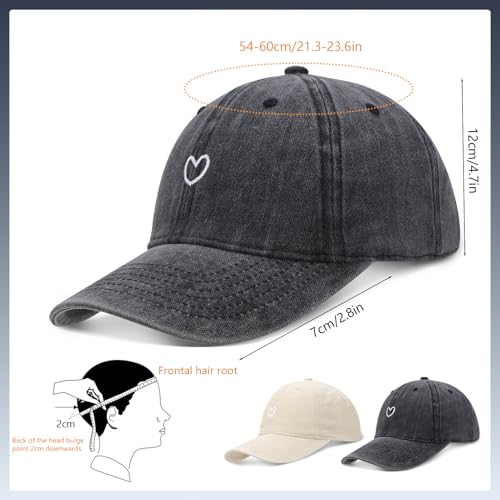 2 Stück Baseballkappe für Herren Damen, Verstellbar Baseball Cap mit Herz, Baumwolle Pferdeschwanz Kappe Vintage Unisex Basecap Sonnenhut Sportkappe für Outdoor Sport Leisure Reisen (Grau und Khaki)