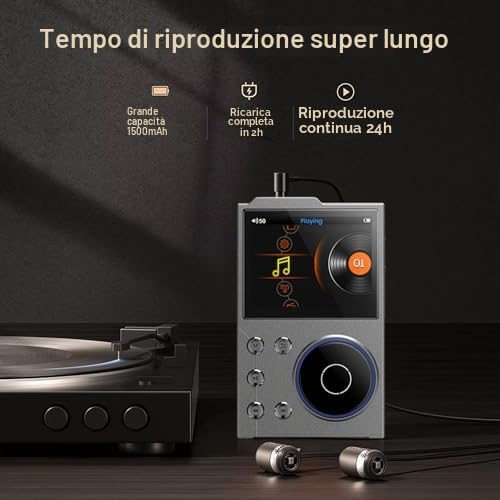 Lettore MP3 HiFi con Bluetooth, Lettore Musicale Audio Digitale Ad Alta Risoluzione DSD Lossless, Lettore Audio Portatile con Scheda di Memoria da 16 GB, Supporto Fino a 256 GB