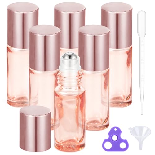 PrettyCare 6 pcs, 5 ml Pink Roller Bottles For Essential Oils, Refillable Leakproof Thick Glass Essential Oil Roller Bottles for Travel,Perfume