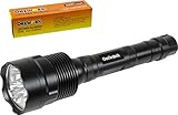Linterna con tres leds de alta lu miniscencia br, 2400 lu men y 300 m de alcance, con cinco modos de uso: total, media, modo ahorro, estroboscópico y s.o.s., equ ipad a con una junta torica para un mejor aisla miento de la hu medad y con una correa para su mejor manejo