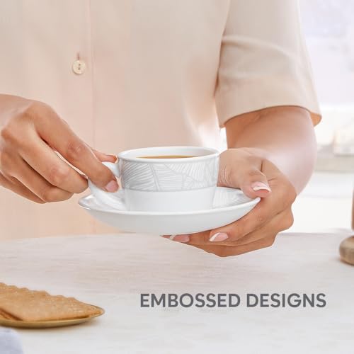 Image of Larah by BOROSIL 140ml Opalware Ivy Tea /Coffee 6pc Cup & 6pc Saucer Set, Microwave & Dishwasher Safe Embossed Design Crockery Set Ideal for Daily Use & Gifting