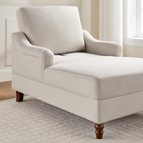 VANOMi Chaise Lounge Chair Indoor with Adjustable Backrest, Upholstered Sofa Bed with Thick Cushion and Armrests, Modern Leisure Recliner Chair for Living Room, Bedroom, Office, Beige White
