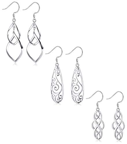 LOYALLOOK 3Pairs 925 Sterling Silver Celtic Knot Filigree Teardrop Double Twist Wave Long Tassels Drop Dangle Earrings for Women