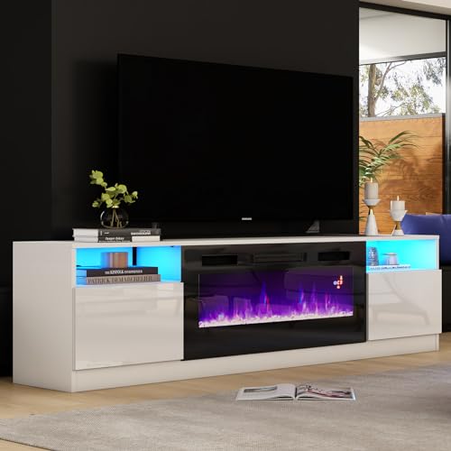 Image of AMERLIFE 80 inch TV Stand with 40 inch Electric Fireplace Large Modern Matte Texture Media Entertainment Center with Highlight Storage Cabinet for TVs Up to 90 inch, 80 inches, White&Black