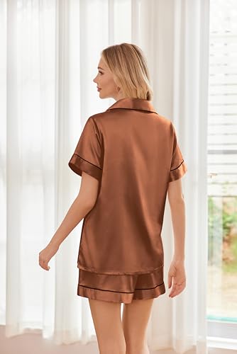 Image of Ekouaer Womens Silk Satin Pajama Sets Soft Short Sleeve Button Down Sleepwear Top and Shorts 2 Piece Pjs Lounge Set