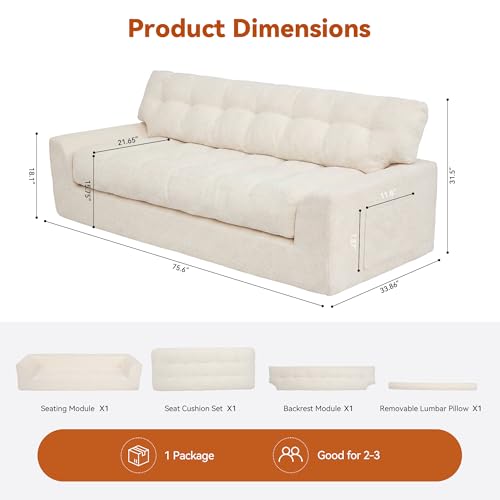 Image of MONVANE 75.6 inch Convertible 3‑in‑1 Chenille Boneless 3 Seater Sofa, Beige