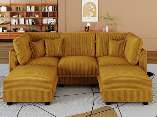 Image of LLappuil Modular Sectional Sofa with Storage, U-Shaped 5-Seat Corduroy Couch with 5 Throw Pillows, Pet-Friendly Convertible Sofa for Small Space, Skin-Friendly, Yellow