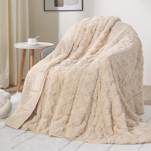 Image of 20lbs Weighted Blanket for Adults, Dual Sided Cozy Soft Fleece Bed Blanket for Winter, 3D Jacquard Cable Pattern Warm Weighted Blankets with Ceramic Beads, Beige, 60 x 80 inches