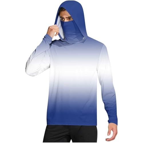 Mens UPF 50+ Ice Silk Sun Protection Shirt with Mask Gradient Color Long Sleeve Hoodie Rash Guard Fishing Shirt