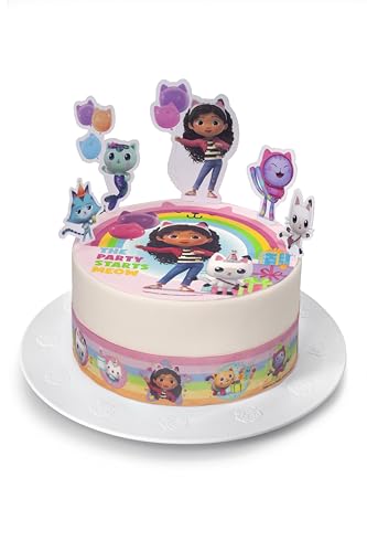 Kardasis Gabby's Chat - Tapa de pastel y figuras de papel | Disco de Azyme comestible para tartas | Decoración de pastel para cumpleaños temática | 20 cm + 4 bandas 28 x 4 cm + 5 figuras