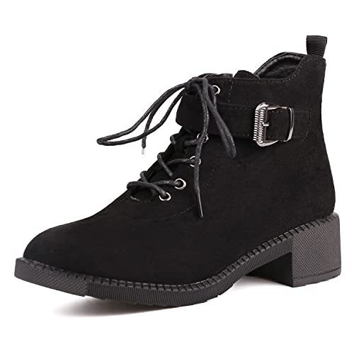 SWQZVT Womens Ankle Boots Suede Chunky Low Heel Pointed Toe Booties Side Zipper Buckle Straps Lace Up Outdoor Boot for Women Black 8